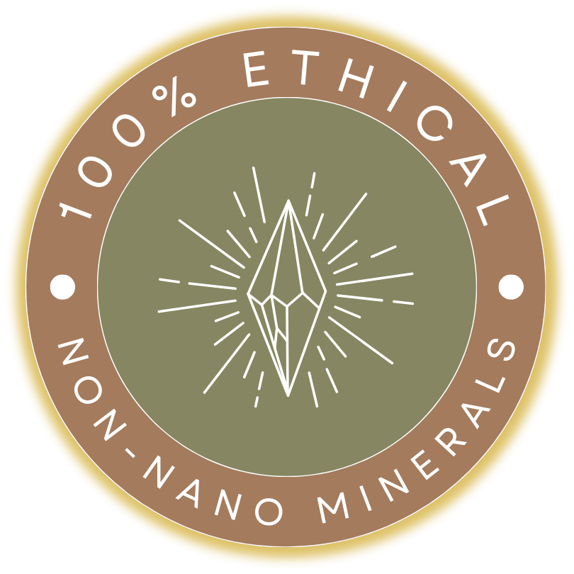 Logo with '100% Ethical Non-Nano Minerals' text and a diamond symbol on a green background.