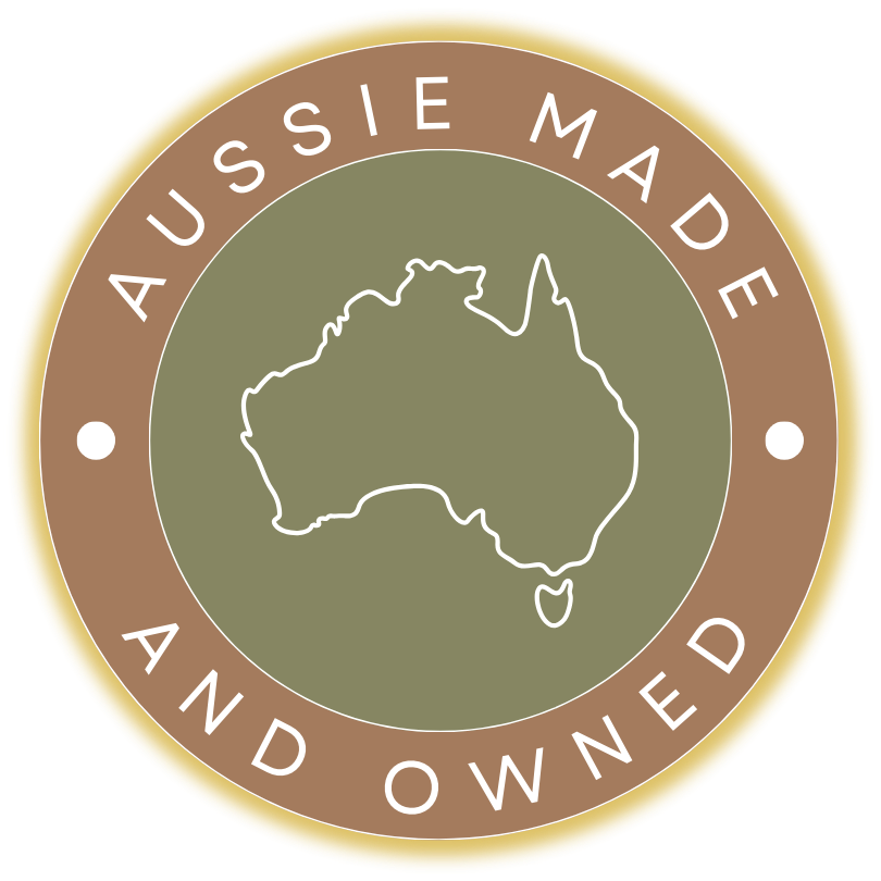 Logo with outline of Australia and 'Aussie Made and Owned' text on a green and brown background