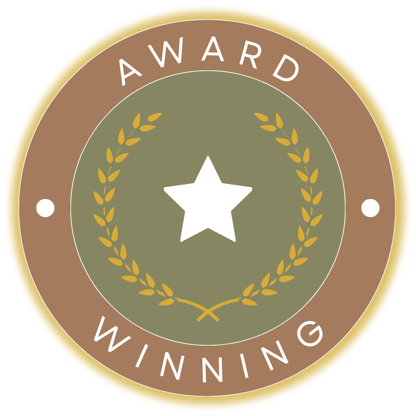 Award-winning badge with a star and laurel wreath on a green and brown background