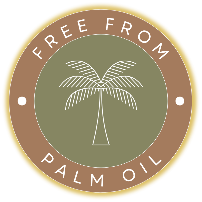 Logo indicating 'Free from Palm Oil' with a palm tree symbol on a green and brown background.