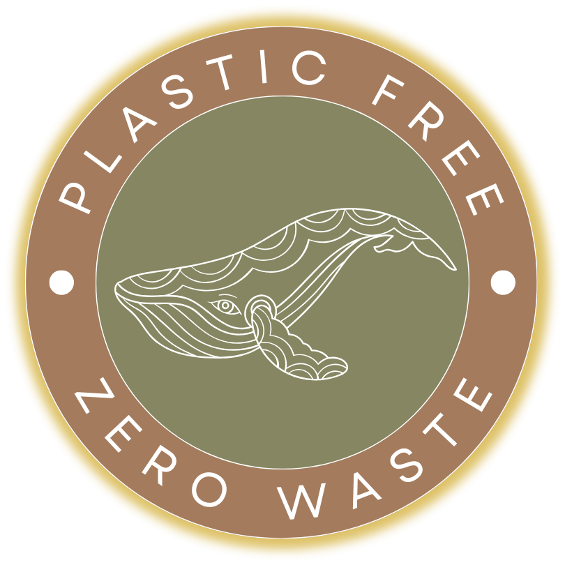 Logo with a whale illustration and 'Plastic Free Zero Waste' text on a green background