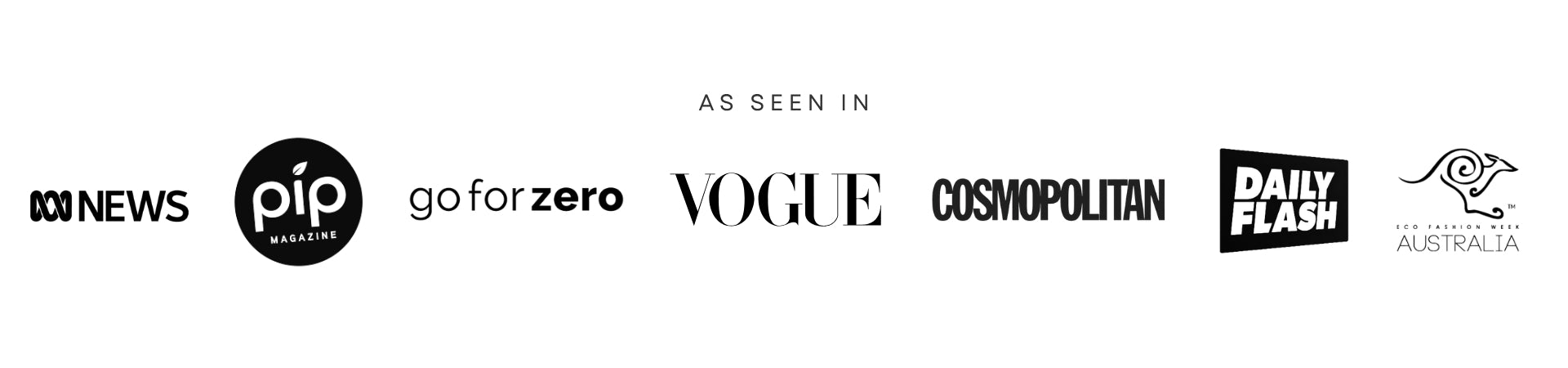 Logos of various media outlets including ABC News, Pip, Go for Zero, Vogue, Cosmopolitan, and Daily Flash.