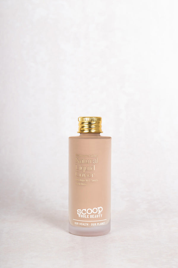 Scoop Whole Beauty light liquid cover mineral foundation with hydrating HLA in sustainable, refill size, glass bottle - maca