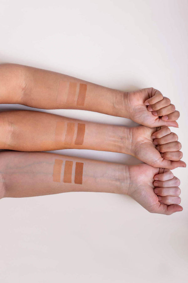 Scoop Whole Beauty swatches of all three colours of HLA infused pure mineral natural liquid cover foundation