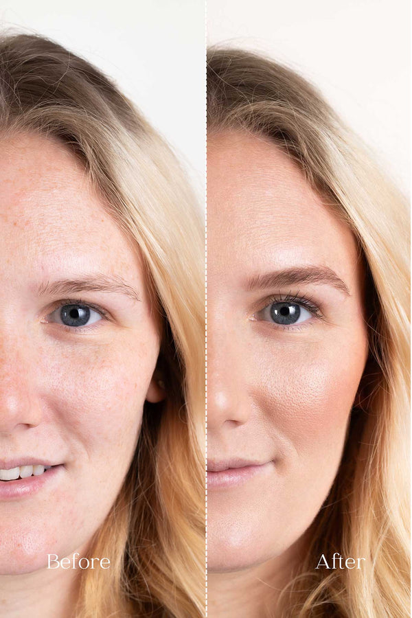 Scoop Whole Beauty model shows before and after wearing full loop pure mineral powder foundation with SPF 24. Long lasting natural look - light