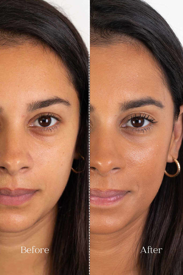Scoop Whole Beauty model shows before and after wearing full loop pure mineral powder foundation with SPF 24. Long lasting natural look - tan