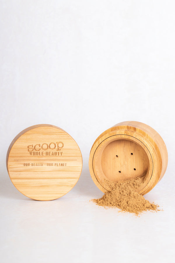 Scoop Whole Beauty natural mineral powder foundation with SPF in refillable, sustainable, bamboo packaging 