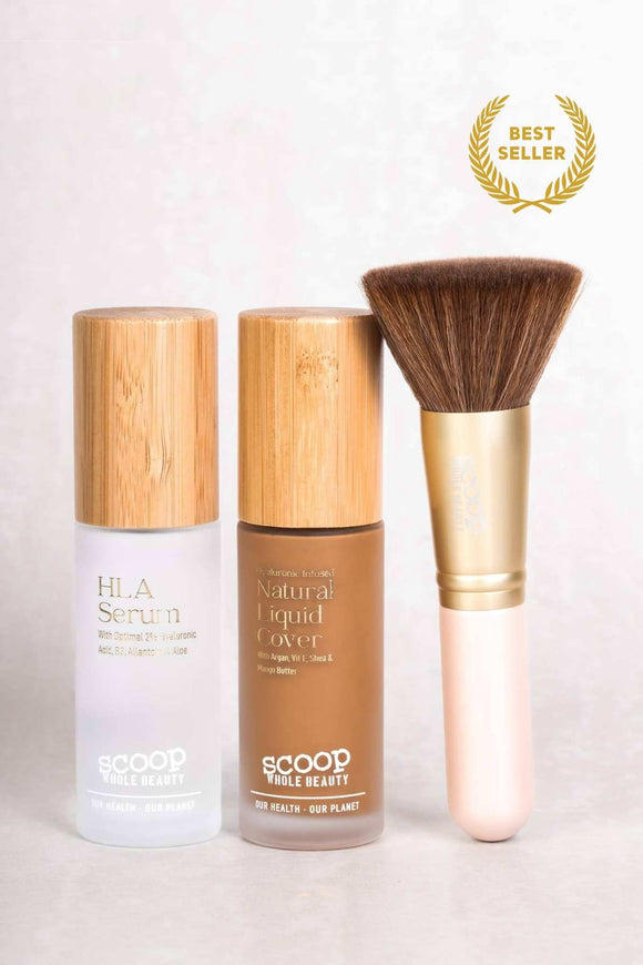 Scoop Whole Beauty hydrated beauty bundle with premium HLA serum, natural liquid cover, and ultra soft vegan foundation brush