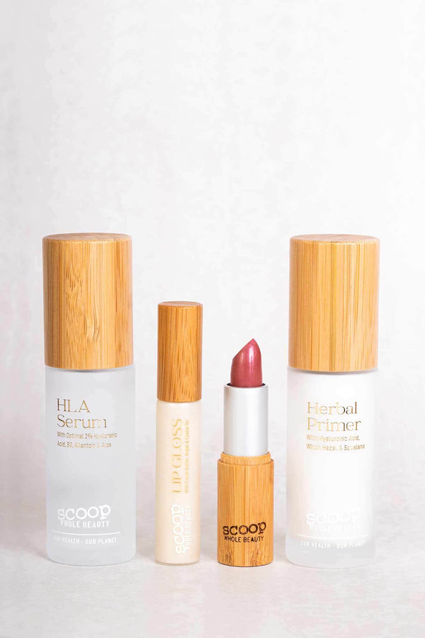 Scoop Whole Beauty natural goddess bundle with HLA serum, Herbal primer, and non toxic lipstick and lipgloss