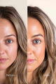 Scoop Whole Beauty model showcases natural liquid cover mineral foundation in shade medium in before and after shot - medium