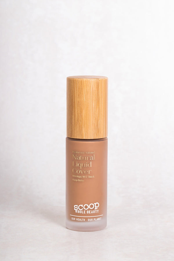 Scoop Whole Beauty hyaluronic infused natural liquid cover in shade light. Sustainable glass bottle with eco lid. Refillable and earth friendly. In shade medium - maca - medium - tan - cocoa