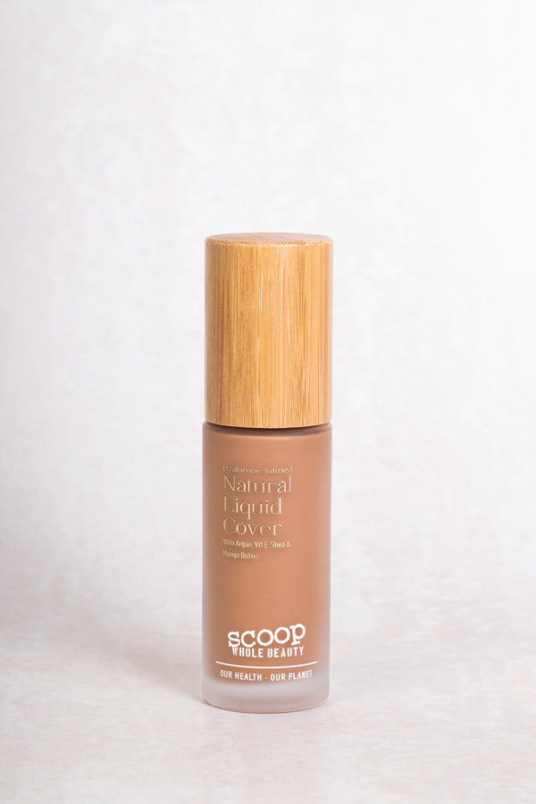 Scoop Whole Beauty hyaluronic infused natural liquid cover in shade medium. Sustainable glass bottle with eco lid. Refillable and earth friendly - medium