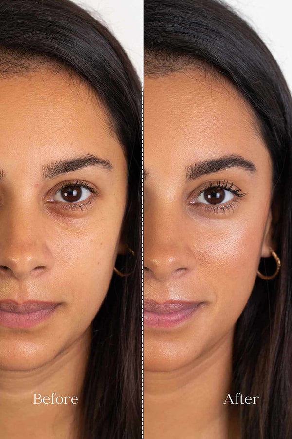 Scoop Whole Beauty model showcases natural liquid cover mineral foundation in shade tan in before and after shot - tan