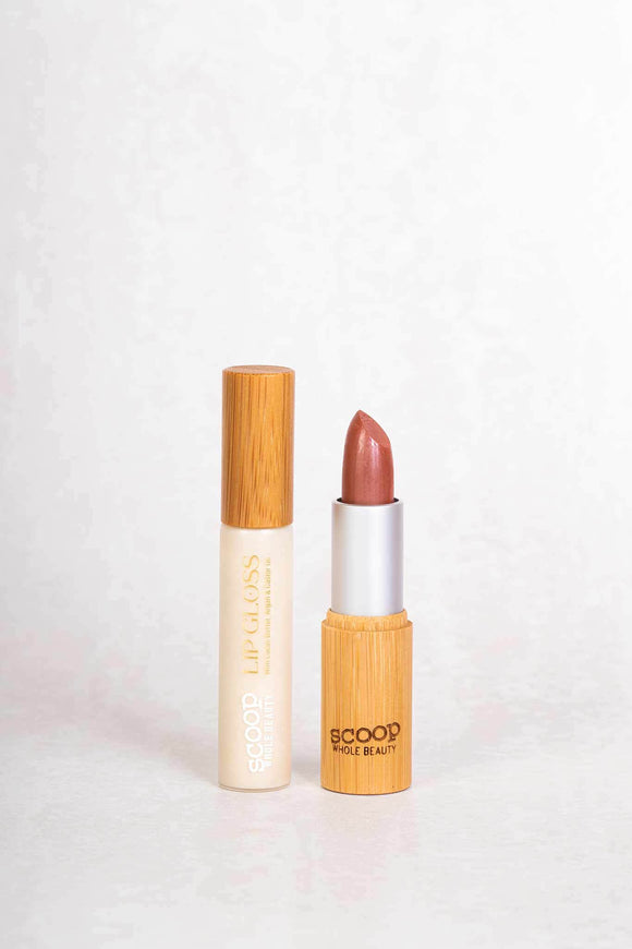 Scoop Whole Beauty iconic glow and go lip + cheek duo in sustainable glass and bamboo packaging. Natural, safe, and non toxic 