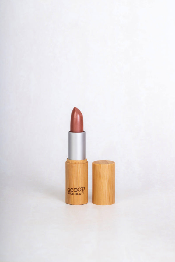 Scoop Whole Beauty natural lipstick in sustainable bamboo and metal tube. Natural ingredients, non toxic and long lasting. In shade rose