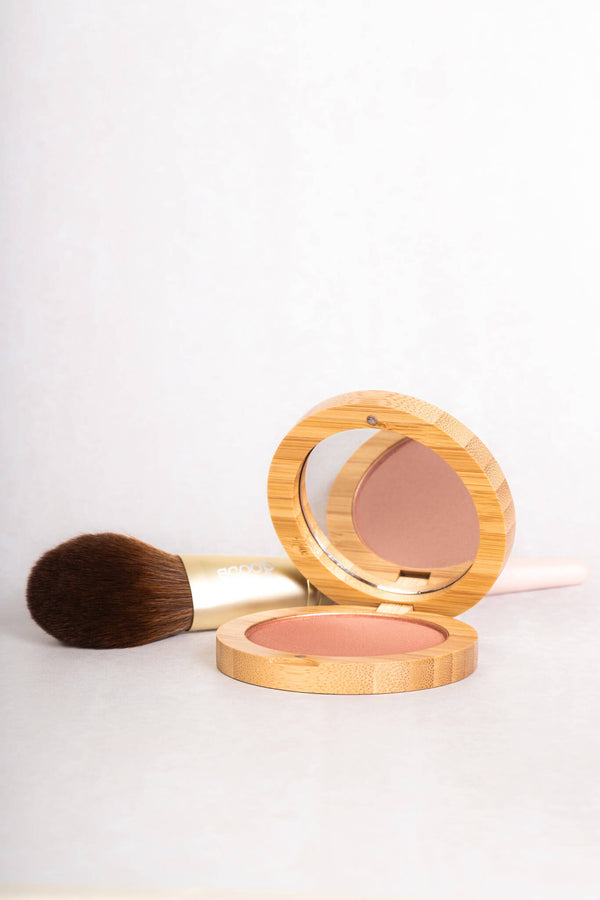 Scoop Whole Beauty dusty pink pure pressed mineral blush in sustainable bamboo refillable compact with ultra soft vegan blusher brush