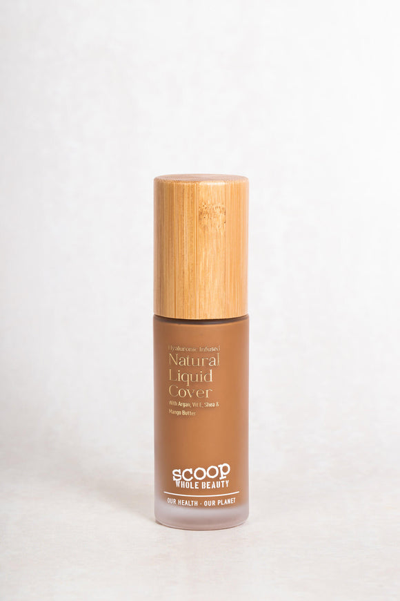 Scoop Whole Beauty light liquid cover foundation with pure minerals and hydrating HLA in sustainable, refillable, glass and bamboo bottle - maca - medium - tan - cocoa