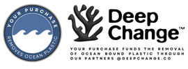 Logo of Deep Change with a blue circular logo and black coral graphic on a white background.