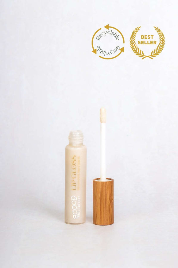 Scoop Whole Beauty natural, non toxic lipgloss in sustainable glass and bamboo packaging- clear