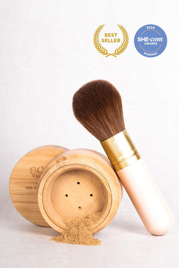 Scoop Whole Beauty mineral powder foundation in sustainable bamboo pot with ultra soft vegan kabuki brush - light - maca - walnut - medium - tan