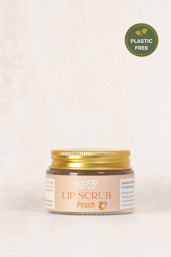 Scoop Whole Beauty exfoliating and hydrating, natural, peach lip scrub in sustainable packaging
