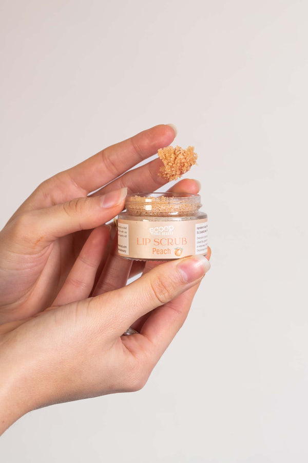 Scoop Whole Beauty exfoliating and hydrating, natural, peach lip scrub in sustainable packaging
