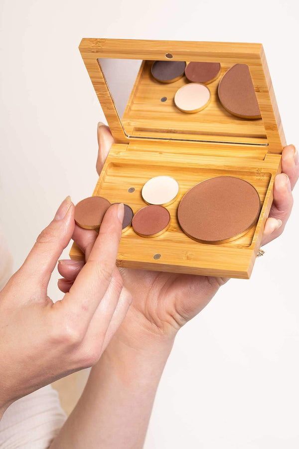 Scoop Whole Beauty natural mineral bronzer refill plate displayed in sustainable bamboo mix and match multi palette  