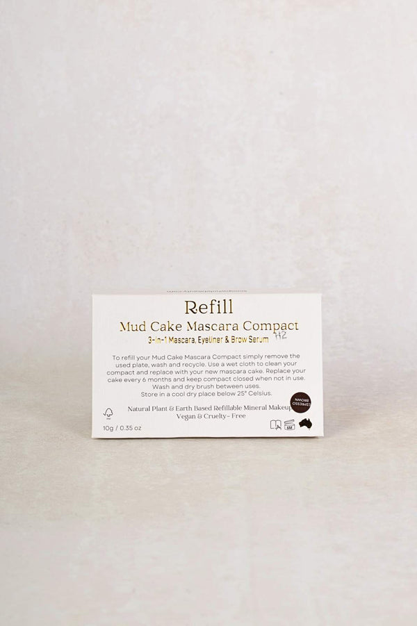 mud cake mascara compact refill packaging image of the back of the box - espresso brown - midnight black