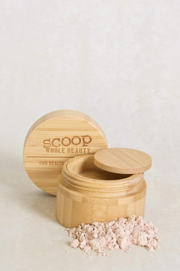 showing all components of the refillable bamboo powder box