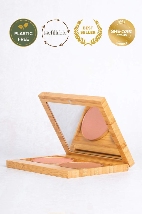 Bamboo palette with magnets filled with a pressed blusher and bronzer in gold aluminum plates and large mirror on the underside.