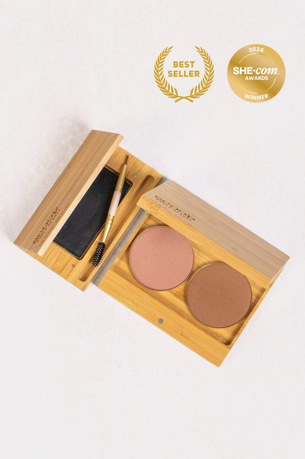 Scoop Whole Beauty complete the look set. Mud Cake Mascara and mineral blush and bronzer in sustainable eco bamboo refillable compact - midnight black - espresso brown