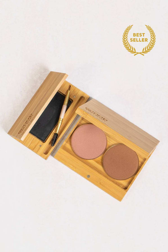 Scoop Whole Beauty complete the look set. Mud Cake Mascara and mineral blush and bronzer in sustainable eco bamboo refillable compact - midnight black - espresso brown