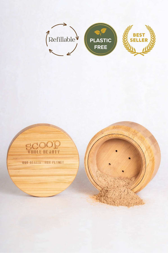 100% bamboo round loose powder foundation sifter container with removable sifter.