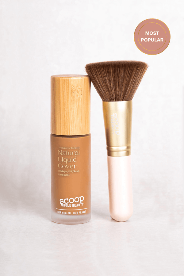 Scoop Whole Beauty natural liquid cover with HLA paired with our ultra soft vegan foundation brush
