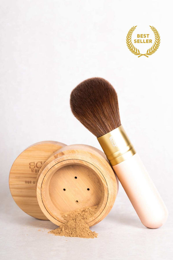 Scoop Whole Beauty mineral powder foundation in sustainable bamboo pot with ultra soft vegan kabuki brush - light - maca - walnut - medium - tan