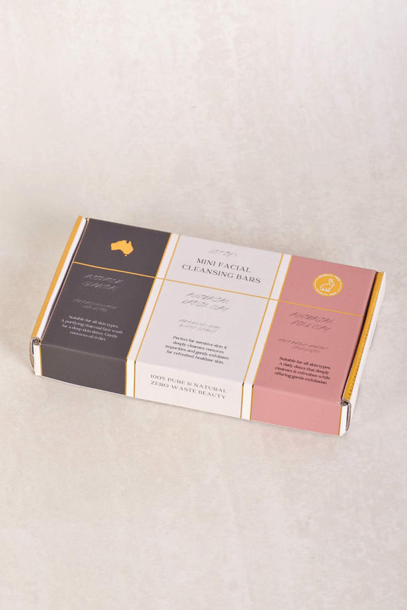 Eco-friendly mini facial cleansing bar set by Scoop Whole Beauty, featuring three natural soap bars in sustainable packaging for all skin types—ideal for gentle exfoliation and sensitive skin care.