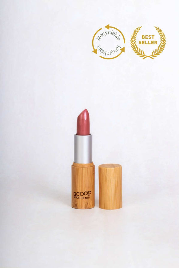 Scoop Whole Beauty natural lipstick in sustainable bamboo tube. Natural ingredients, non toxic and long lasting- rose