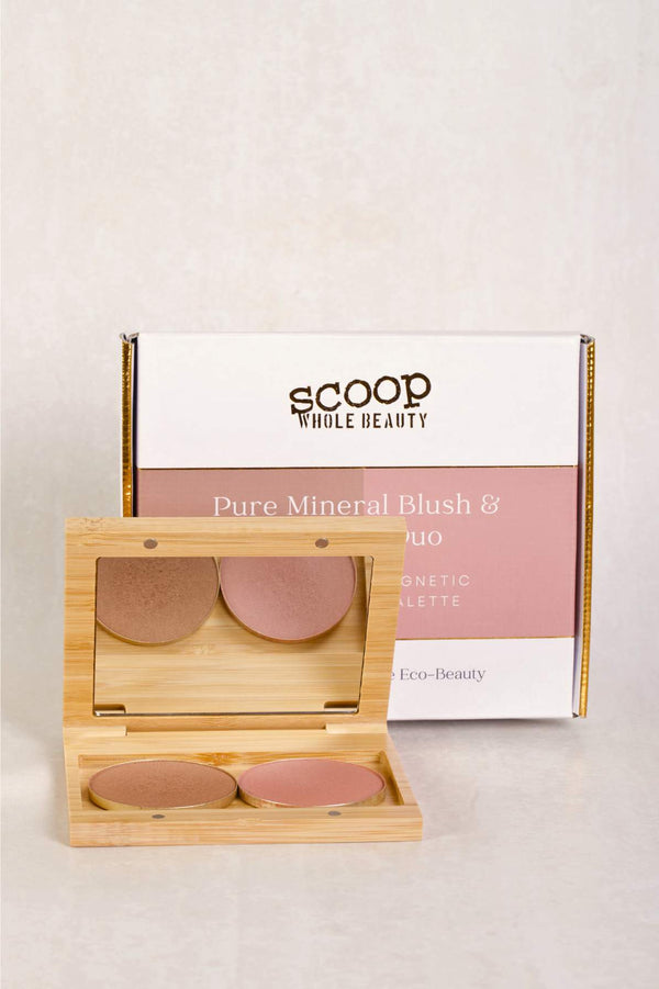 Pressed Mineral Blush and Bronzer Duo in Bamboo Multi Palette with the box packaging.