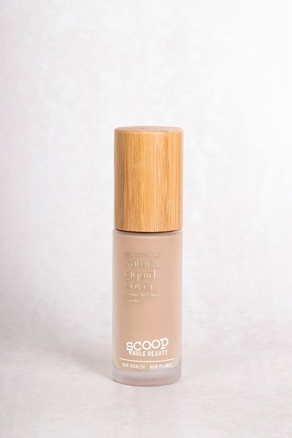 Scoop Whole Beauty hyaluronic infused natural liquid cover in shade light. Sustainable glass bottle with eco lid. Refillable and earth friendly - maca